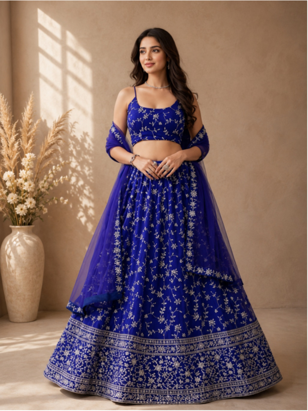 Dark Blue Embroidered Georgette Lehenga Choli Set